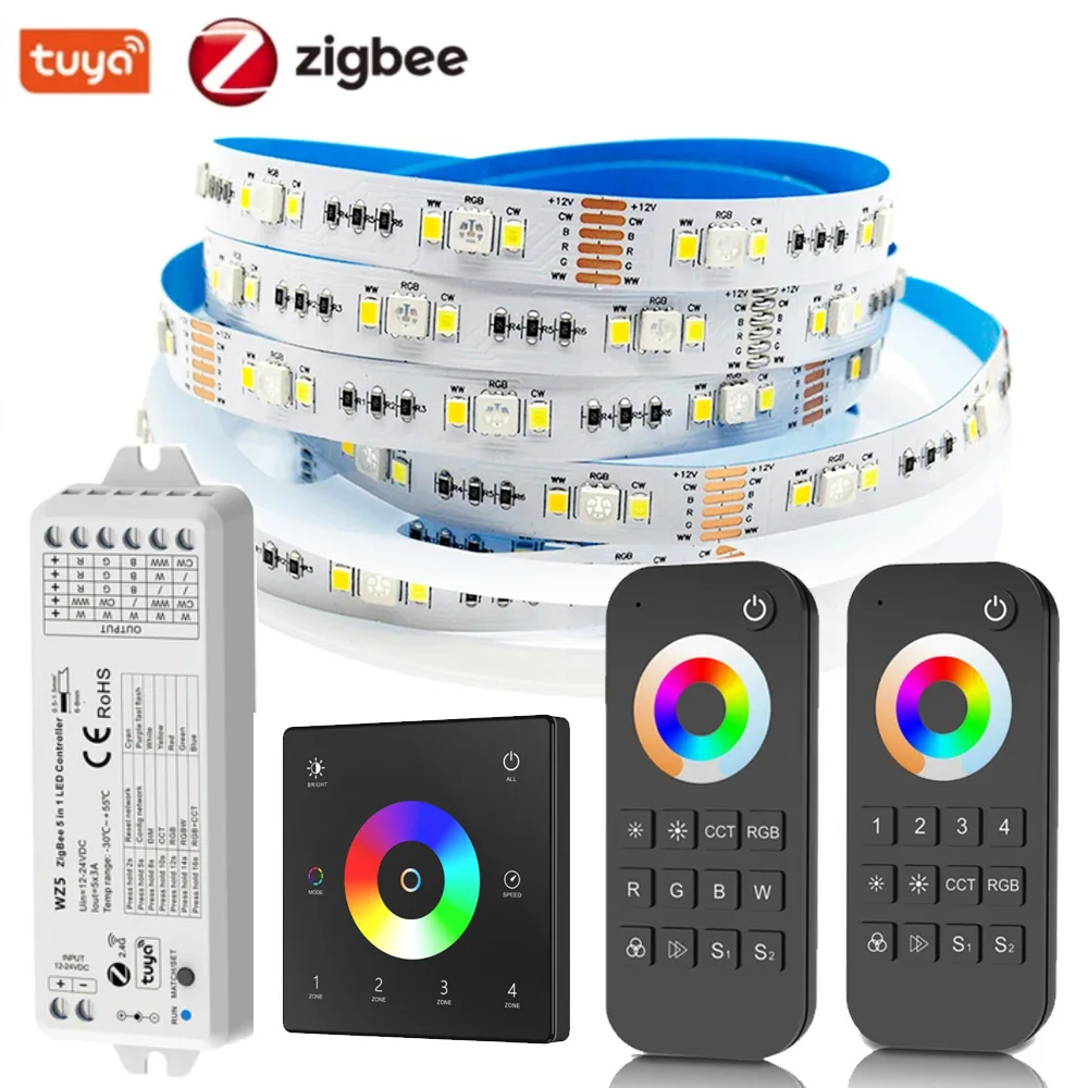 Tuya Zigbee LED Controller DC12v 24v 5050 RGBCCT LED Strip Light 4-zone Touch Wall Switch Remote Smart Home DIY for Alexa Google