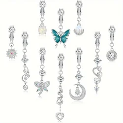 Bobisty 1pc Stainless Steel Sparkling CZ Opal Butterfly Moon Clip-On Belly Button Ring - Non-Piercing Fake Dangle for Women Men