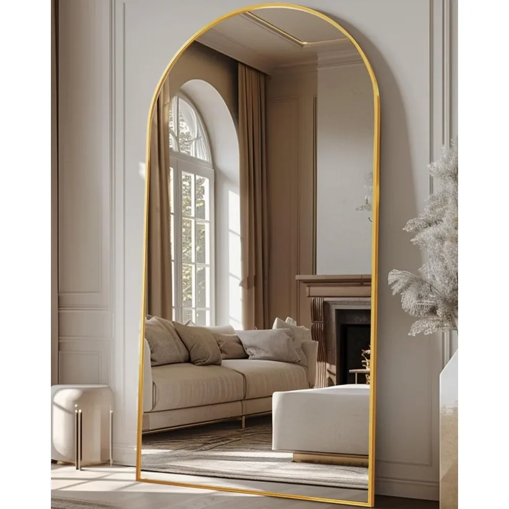 Oversized 81 inch x 41 inch arched floor mirror freestanding, living room wardrobe hanging full-length mirror, gold color