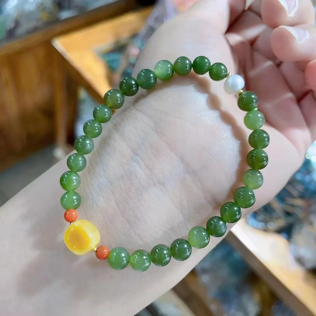 

Natural 100% real green hetian jade Carving 6mm round beads and amber bracelets for couples woman men Gift with jade bracelet