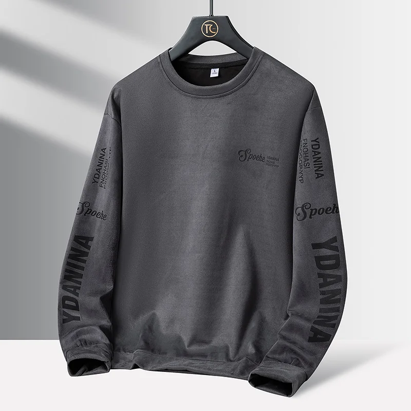Autumn Suede Sweatshirt Men's Trendy Streetwear Crewneck Long-sleeved Letter Print Warm Pullover Tops Casual Loose Hoodies men