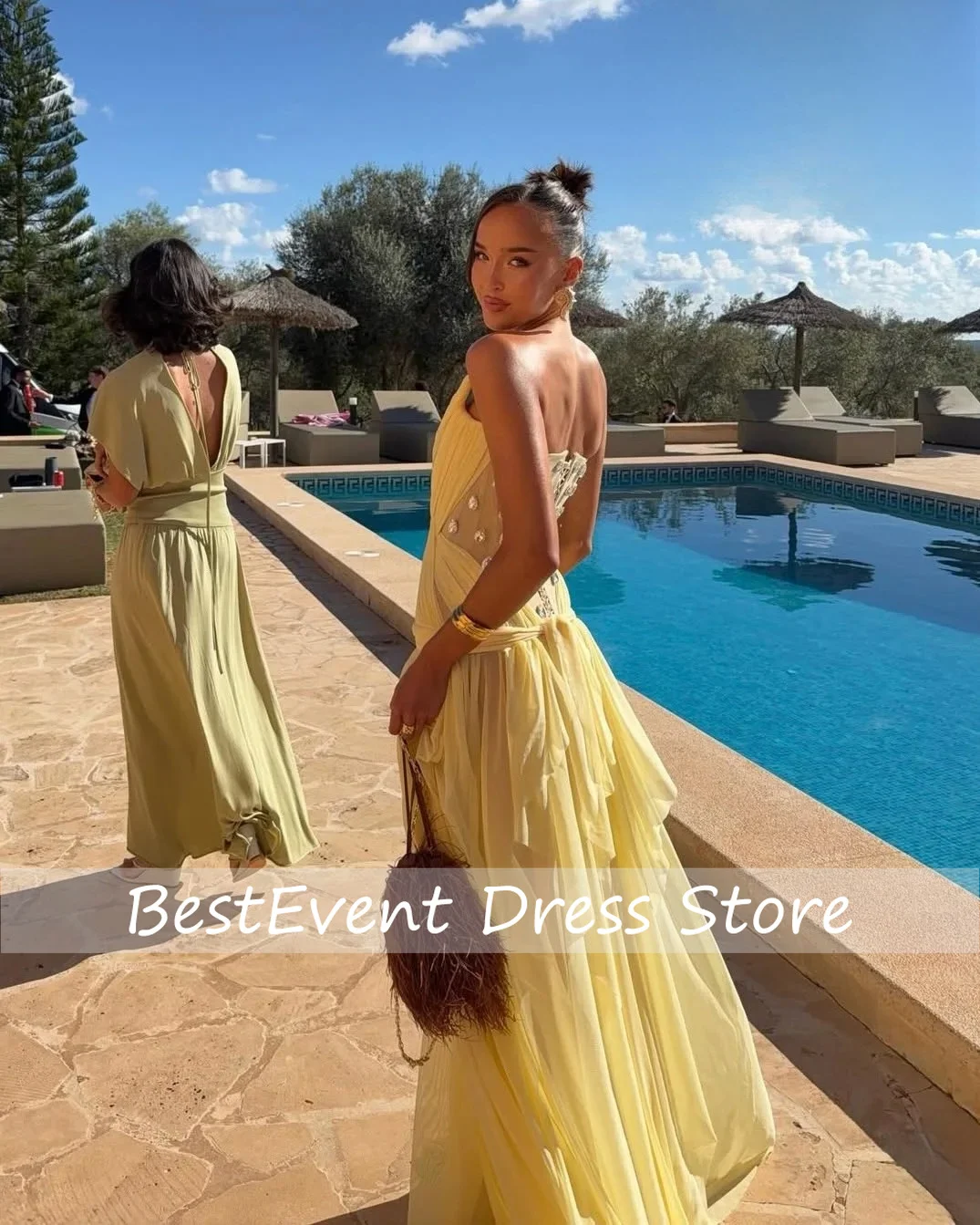 Gelbes Chiffon-Abendkleid mit Herzausschnitt, A-Linie, formelle Anlasskleider für Damen, mit Perlen verziert, für Abschlussball, Party, maßgeschneidert