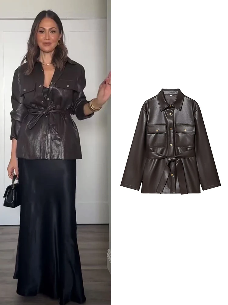 TFMLN المرأة حزام فو سترات من الجلد كم طويل التلبيب بولي Leather سترة جلدية الخريف موضة الصلبة معاطف الموضة الإناث الشارع الشهير #1