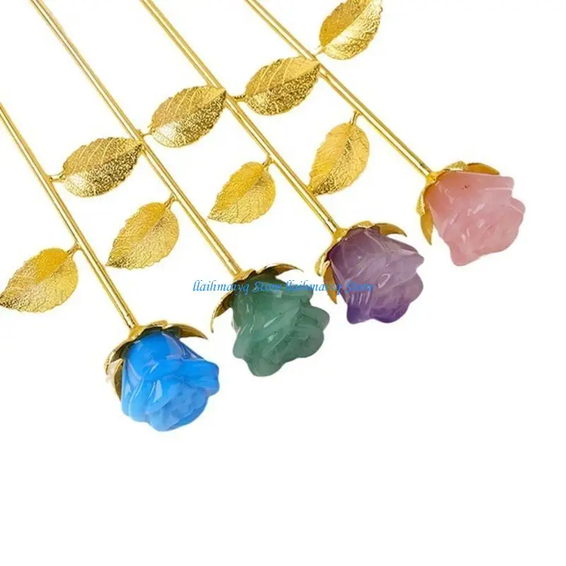 573B قاعدة ذهبية وردية أنيقة عنصر بيان حجر منحوت وردة أنيقة ديكورات المنزل حجر الملمس هدية لهواة جمع المجوهرات