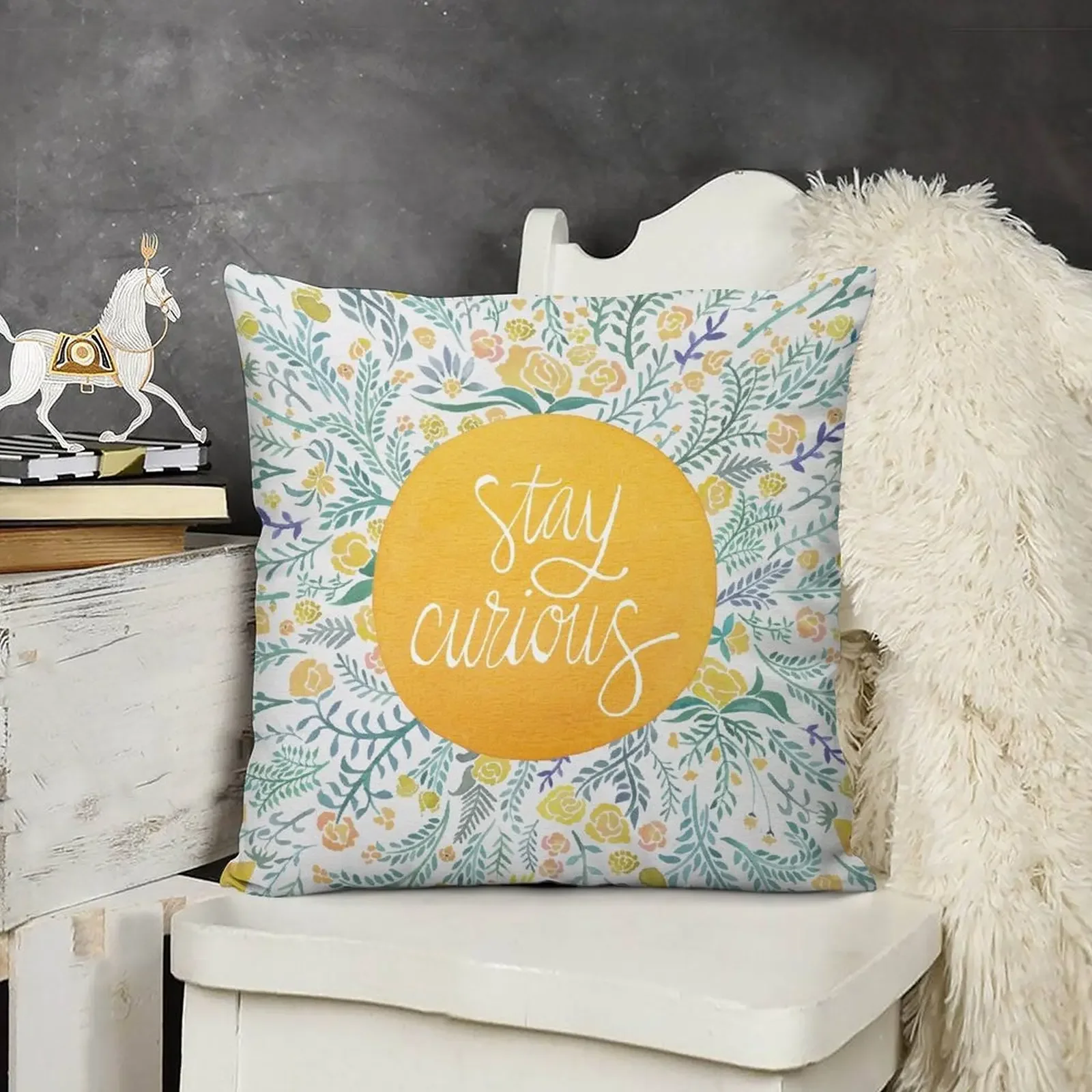 

Stay Curious – Yellow & Green Throw Pillow Pillowcase Sofa Cover Embroidered Cushion Cover pillow