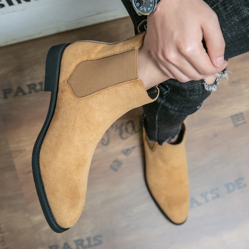 Botas Chelsea sin cordones con punta en punta para hombre, botas de gamuza sintética para exteriores, Camel de ocio