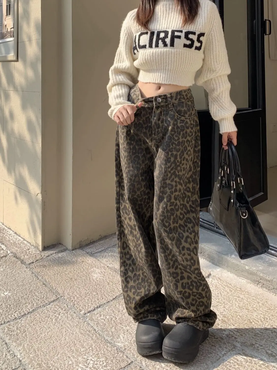 New Vintage Leopard Print Pantalon Femme Wide Leg Pants Women High Waist Straight Y2k Jeans Casual Fashion Korean Jean Trousers