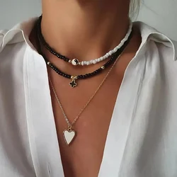 JoFashion-Colliers multicouches bohèmes pour femmes, perles faites à la main, pendentif coeur et croix, huile, accessoires bijoux, X0189