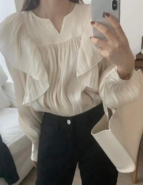 

Autumn Women's Commuting Leisure Personalized Pleated Edge Design Fashionable Lantern Sleeves Pleated Cotton Linen Chiffon Shirt