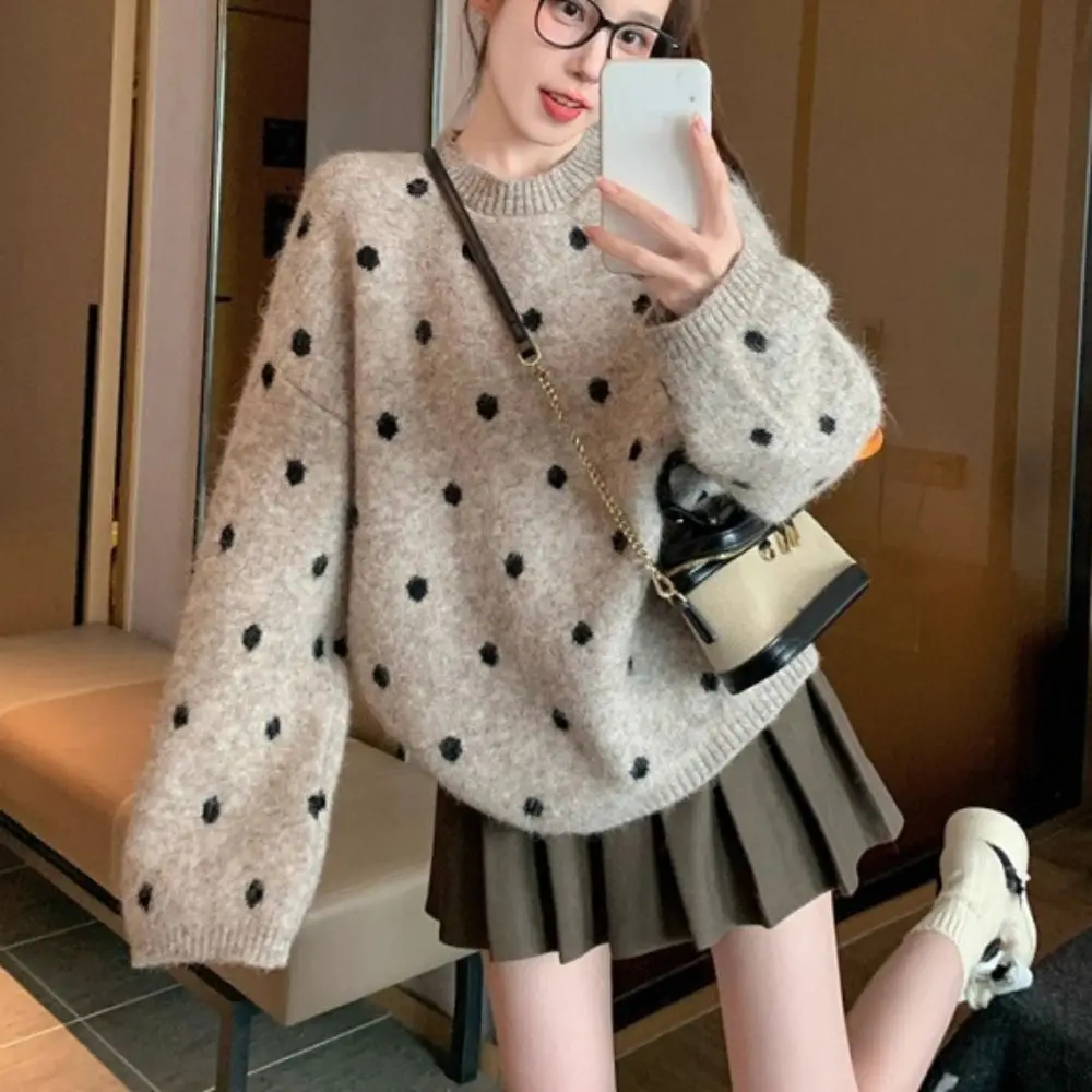 

Korean Style Long Sleeve Knit Short Sweater Autumn Loose Dot Crochet Knitwear Women Top Soft Sweet Girl's Pullover Spring/Winter