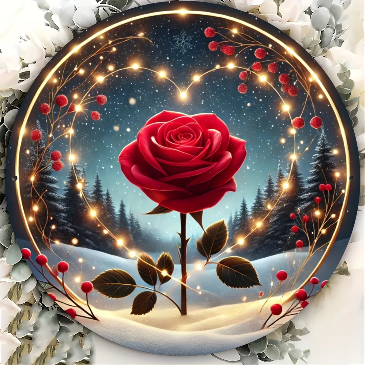 Aluminum Round Wall Art 7.87in Winter Rose Foil Engraved Floral Metal Sign Indoor Outdoor Decor for Living Room Patio Garden Tha