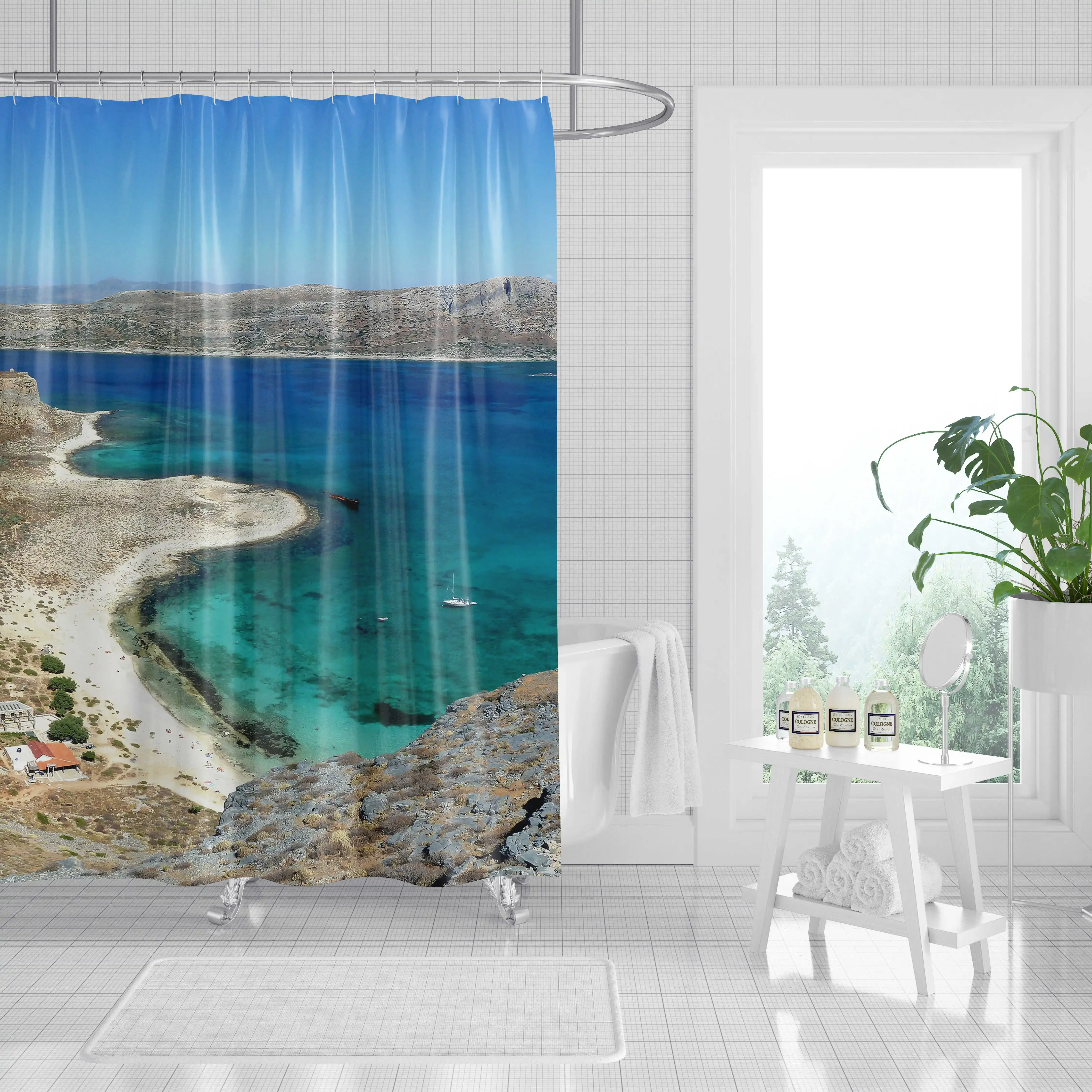 Nature Greenery Shower Curtain Tropical Plants and Cactus Prints Fabric Bathroom Curtain