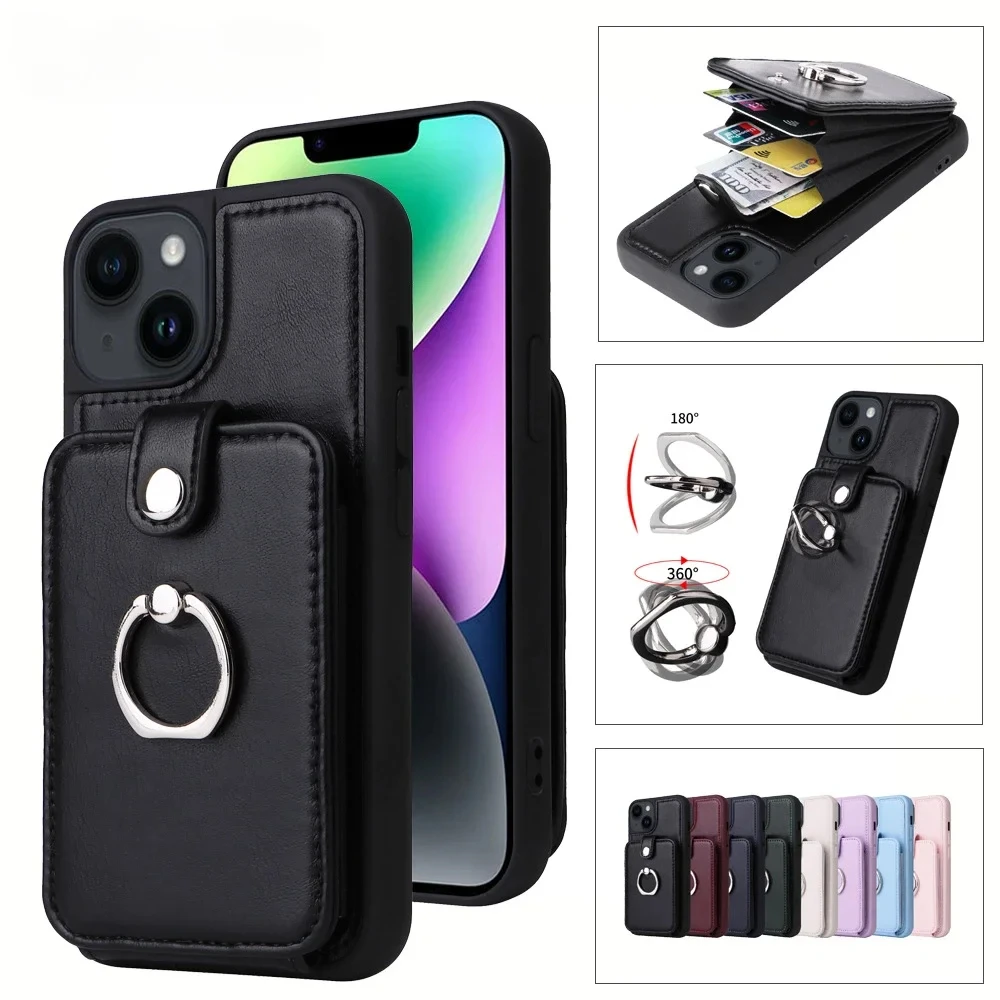 

Vertical Cards Solt Wallet Leather Ring Holder Case for IPhone 14 15 Pro Max 13 12 11 XR XS X 7 8 Plus Skin Bag Pocket Cover