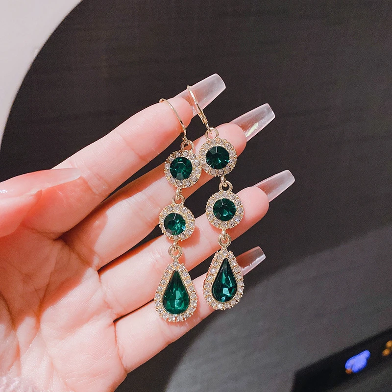 Vintage Green Rhinestone Crystal Drop Earring For Women Purple Zircon Water Droplet  Long Tassel Geometric Earring Charm Jewelry