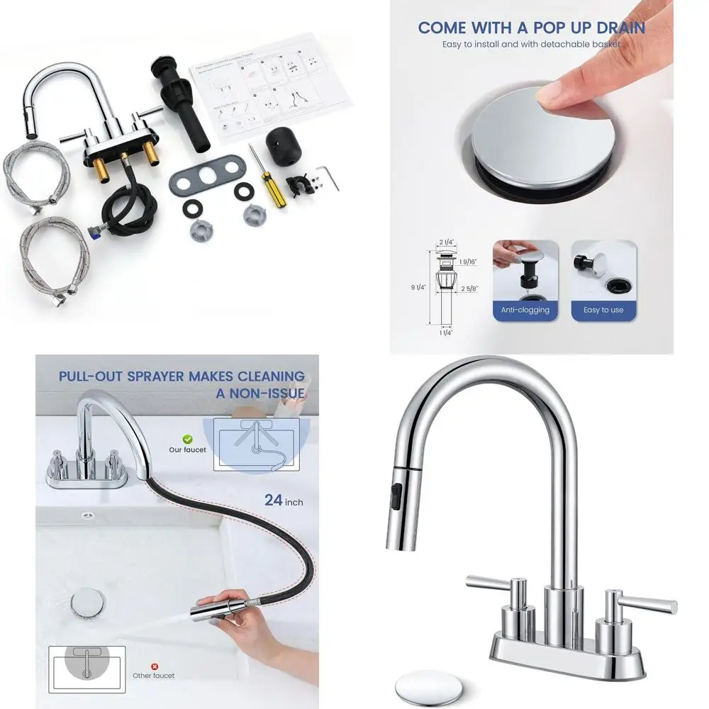 

3-Hole 2-Handle Chrome Faucet with Pull-Out Spray, 360° Swivel Spout and Pop-Up Drain