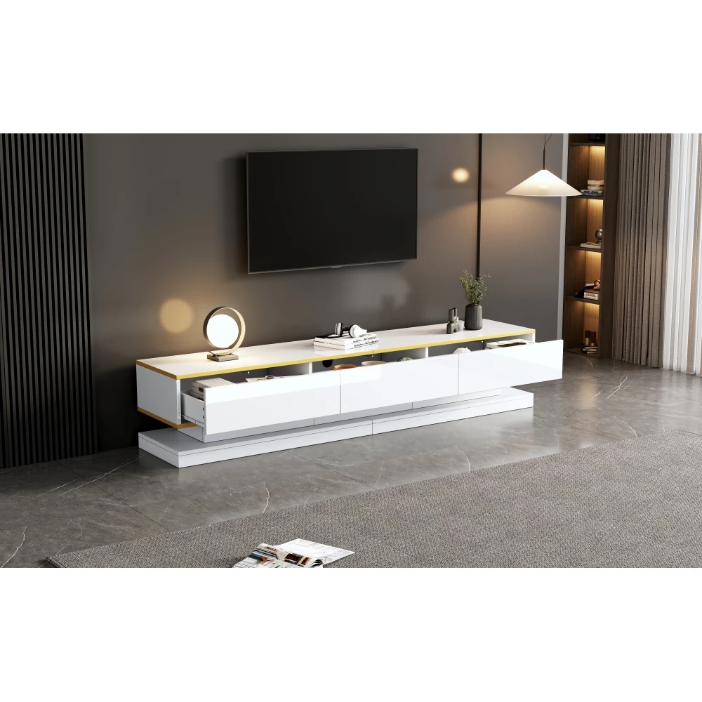Moderner TV-Ständer mit 3 Schubladen, warmweißes Lowboard, goldener Rand, Wohnzimmer-Aufbewahrungsschrank – Detail 13