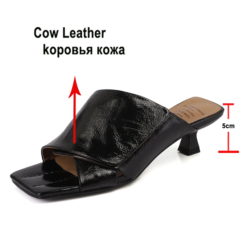 Meotina Women Genuine Leather Slides Square Toe Sandals Thin Mid Heels Slippers Ladies Fashion Casual Shoes Summer Gold Black 41