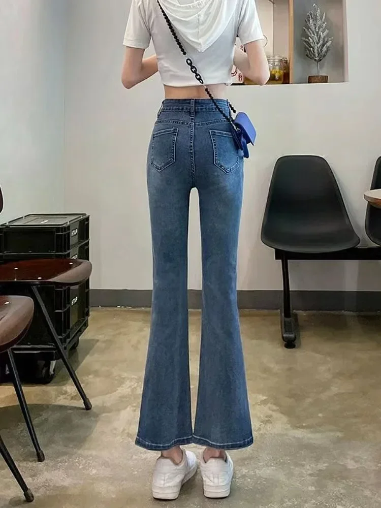 Hot Diamond Beaded Split Jeans For Women Spring Summer 2024 New High Waist Slim Bell-bottoms Trousers Denim Pants