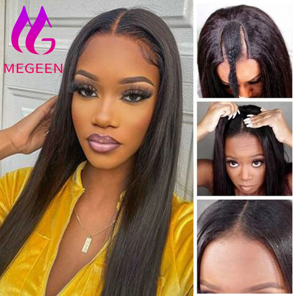 

Megeen Virgin Hair Straight Natural Color Human Hair No Glue U Part Wig Machine Wig No Sew In For Women Beginner Friendly 30Inch
