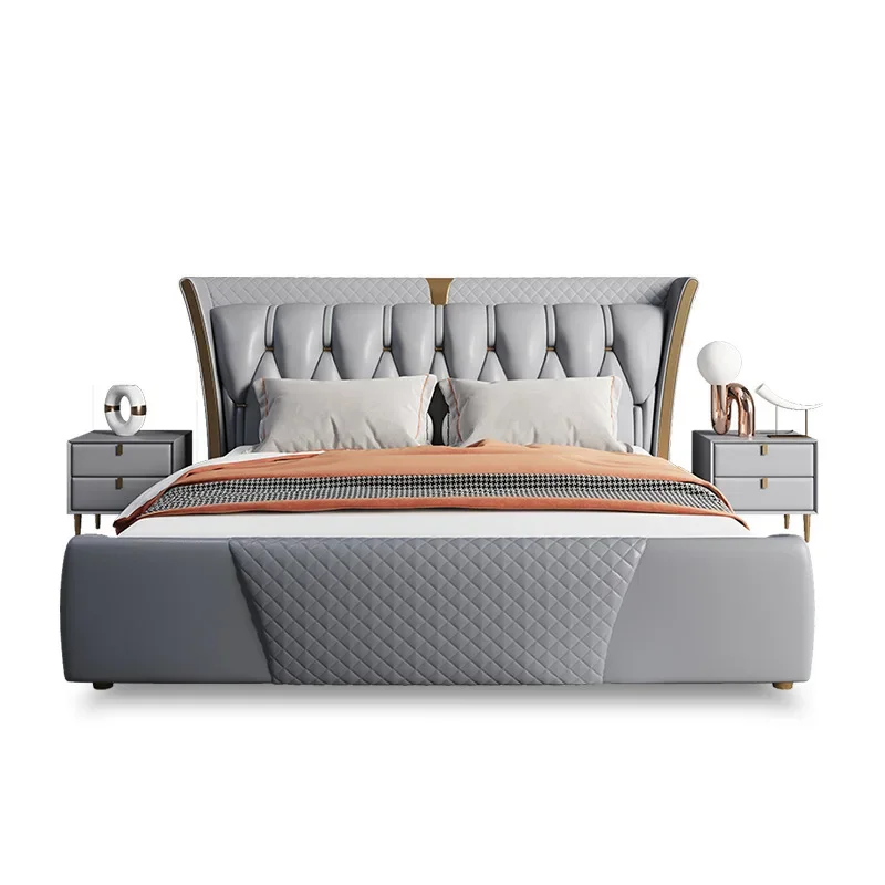 

Italian light luxury leather bed, modern, simple, double, first layer cowhide, master bedroom Internet celebrity