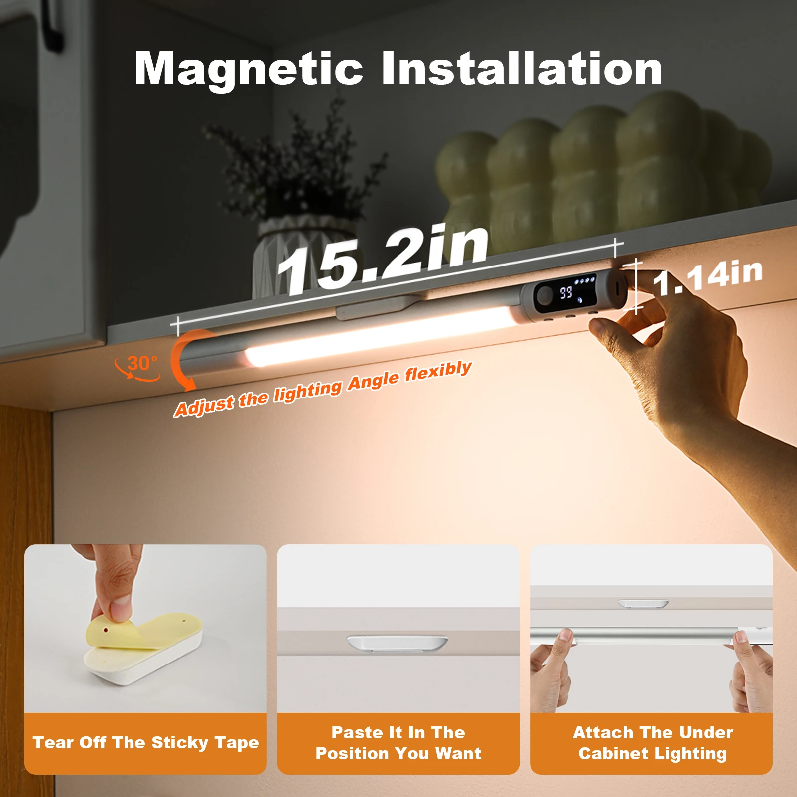 Motion Sensor LED Human Light Digital Display Rotation Magnetic Base Wall Lamp Bedroom Wine Cabinet Shelf Sideboard 38CM 2PCS