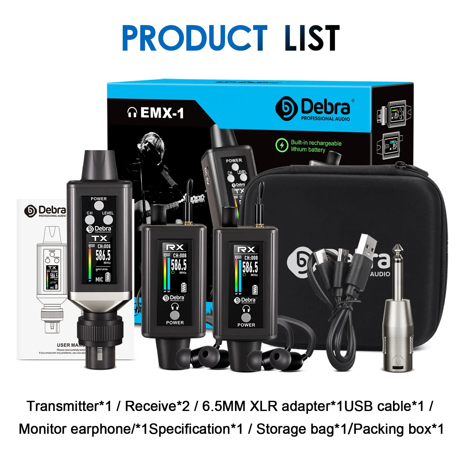 Debra EMX-1 Audio UHF Stereo IEM Drahtloses Monitoring-System, tragbar, wiederaufladbar, mit 16 einstellbaren Frequenzen auf dem Bildschirm – Detail 14