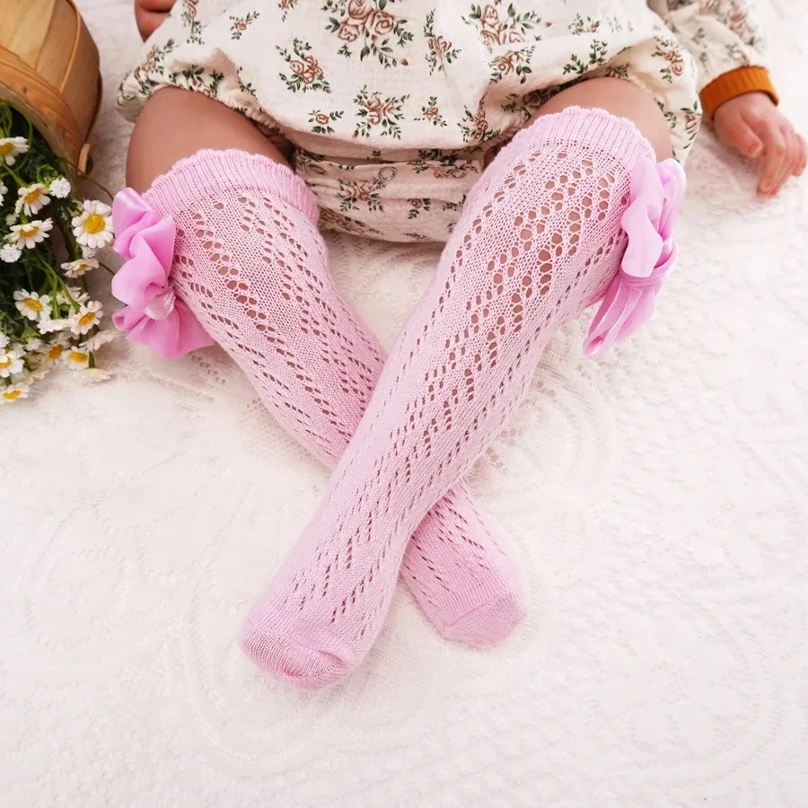 Sommer Kinder Socken mit Bogen Baby Mädchen lange Socke kniehohe Baumwolle hohle Kleinkinder Socken Mesh Kinder Prinzessin Socke für 0-7 Jahre