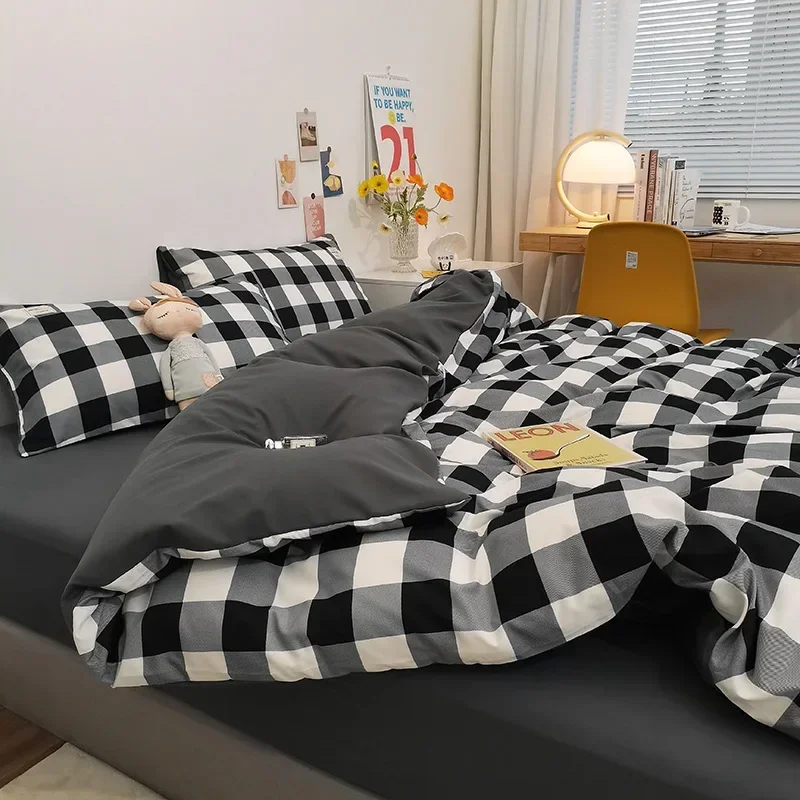 Japanese Simple Striped Check Bedding Sets Brushed Washed Cotton Skin Friendly Comforter Cover Bedclothes for Queen King Size