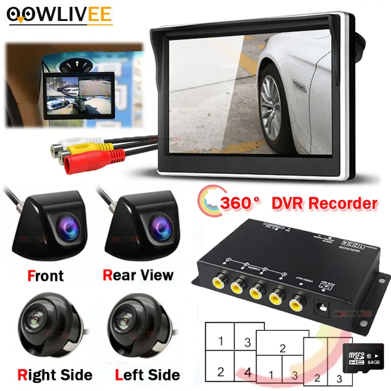 OOWLIVEE HD LCD Screen Smart System 360 Car DVR Cycling Record Real Time 4 Channes Side View Camera Front For Android navigation