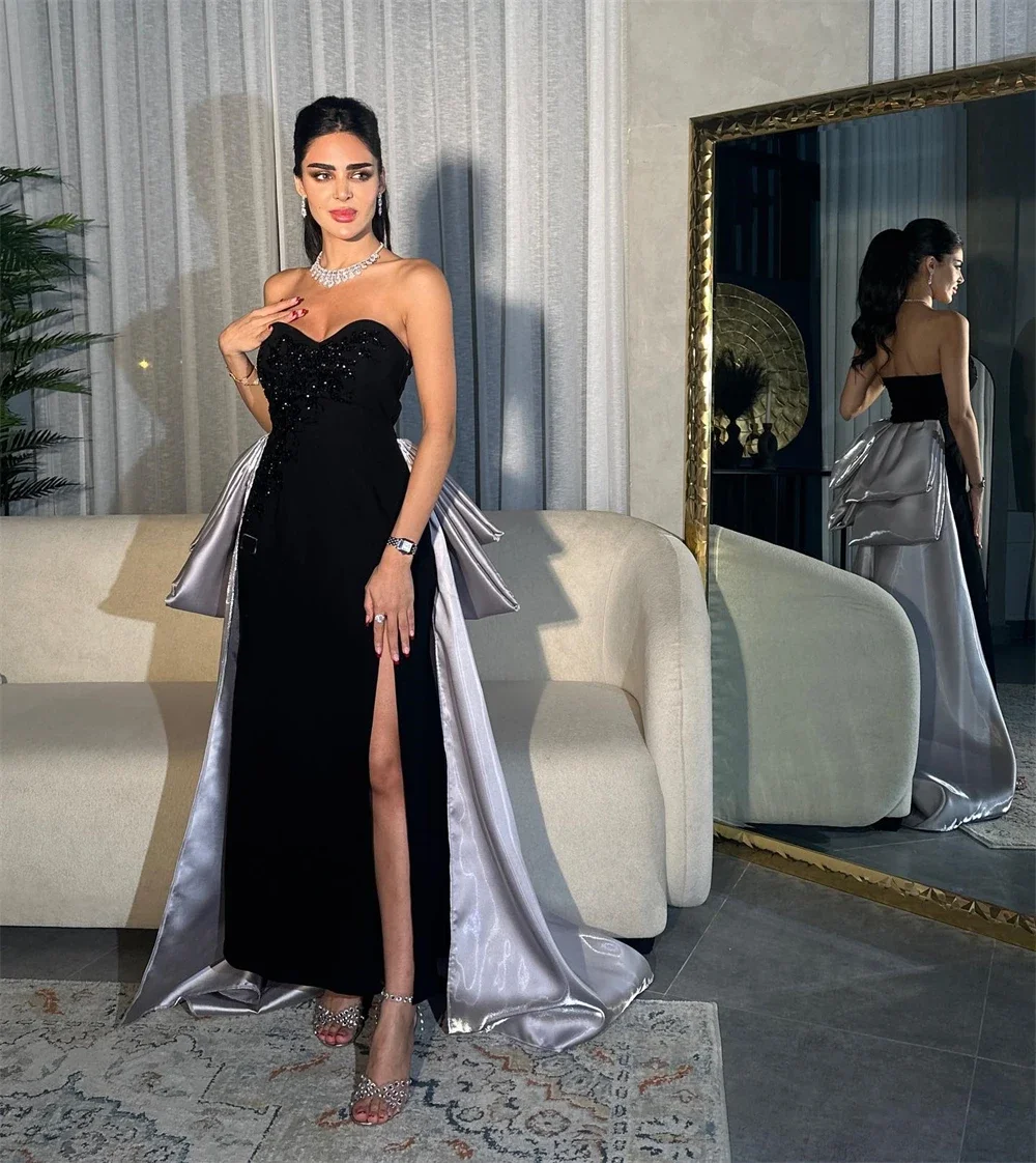 Customized Saudi Arabia Formal Evening Gown Strapless Column Anke Length Hi-Lo Stole Sequin Bespoke Occasion Dresses Prom Dress