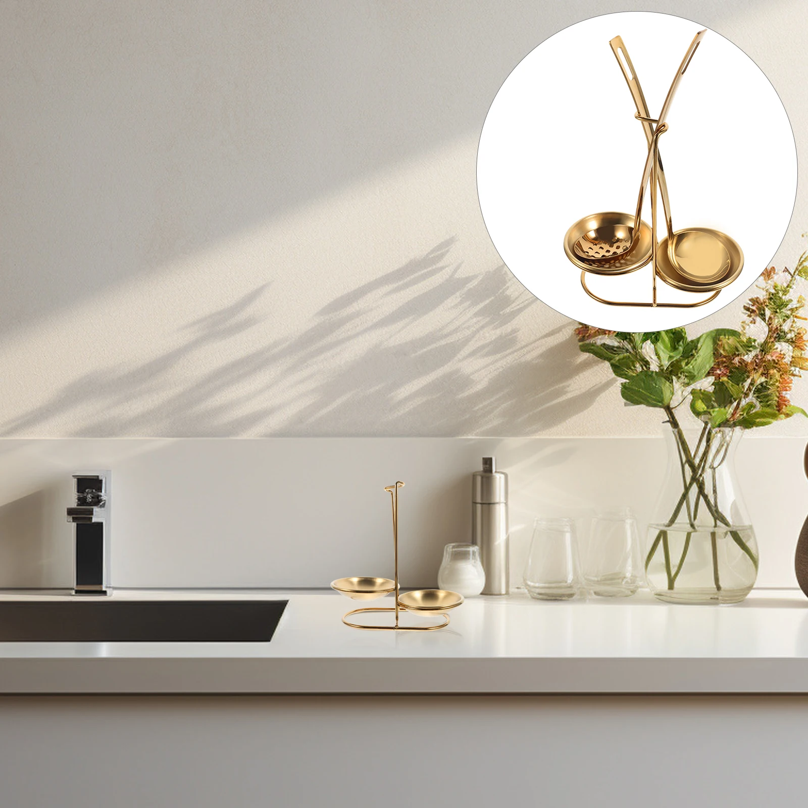 

1 Set Stainless Steel Soup Spoon Holder Kitchen Organizer Slotted Ladle Rest Cooking Utensil Storage Rack Countertop Cabinet