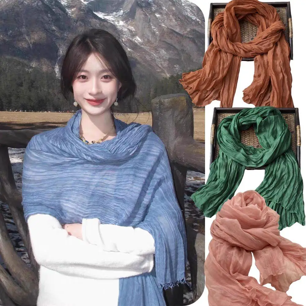 Syal Panjang Wanita 180x90cm, Penghangat Leher Kasual, Selendang Lipat Panjang, Vintage Retro Musim Gugur, Motif Cetak Korea, Syal Tipis Panjang