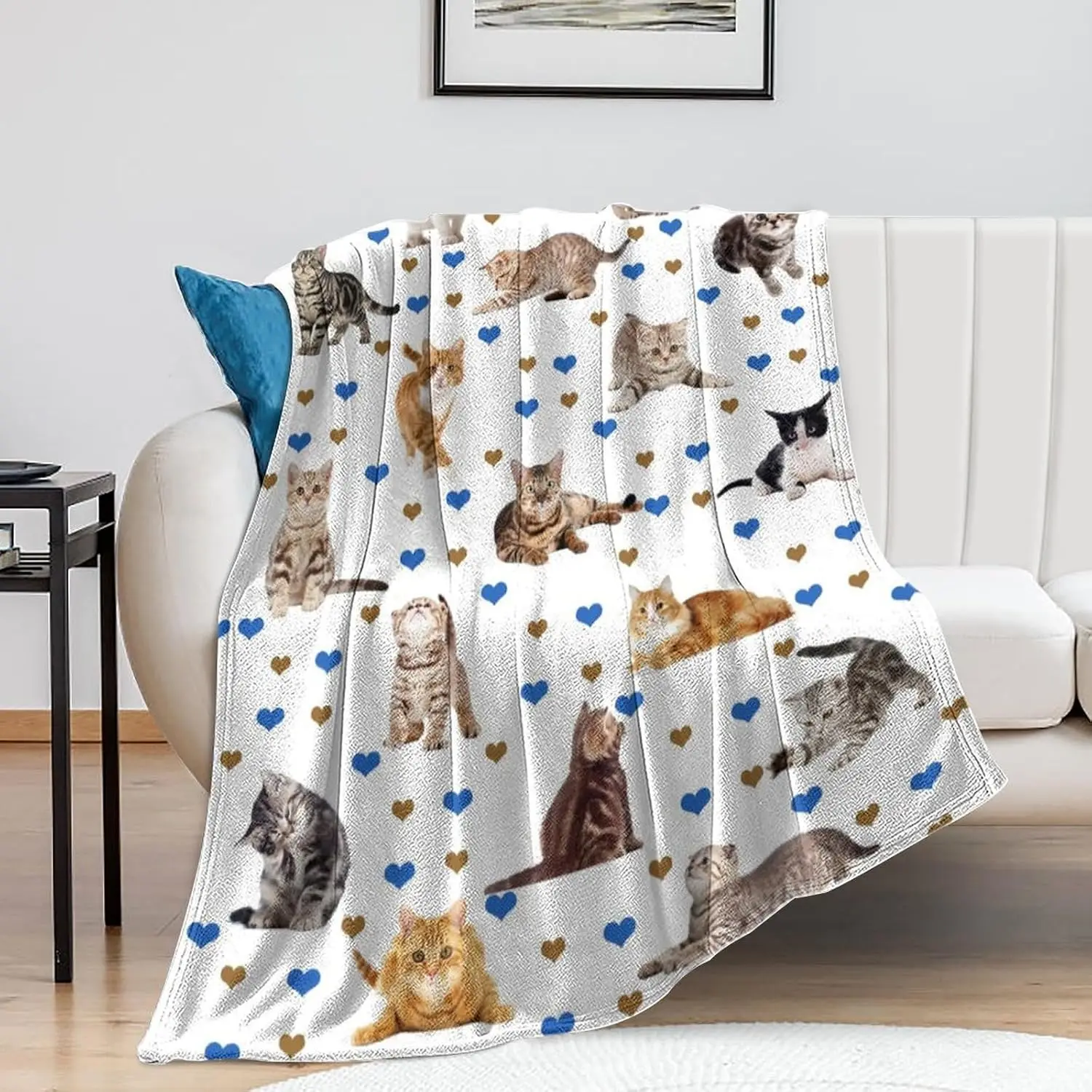 Multi Breed Cute Kitten Blue Gold Hearts White Background Flannel Throw Blanket, Warm Cozy Blanket, Sweet Gift Cat Fans Bedroom