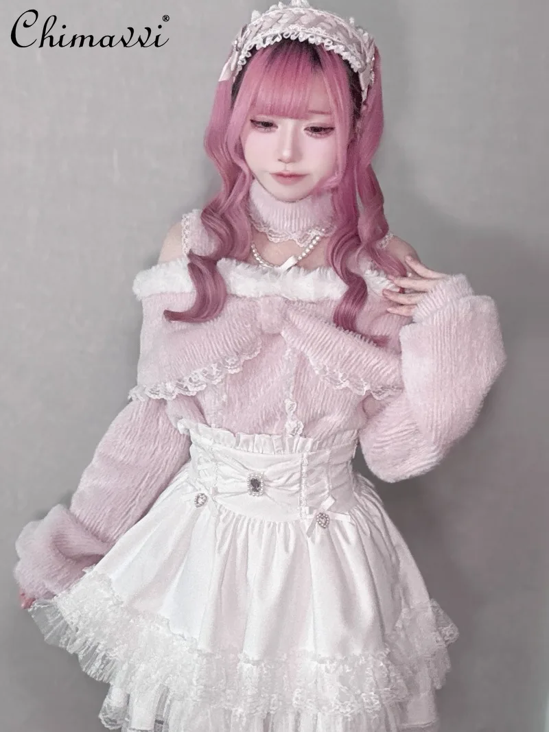 

Оригинальный дизайн, массовый кружевной топ с флисовой подкладкой, новый зимний японский милый женский свитер с открытыми плечами и длинными рукавами для девочек