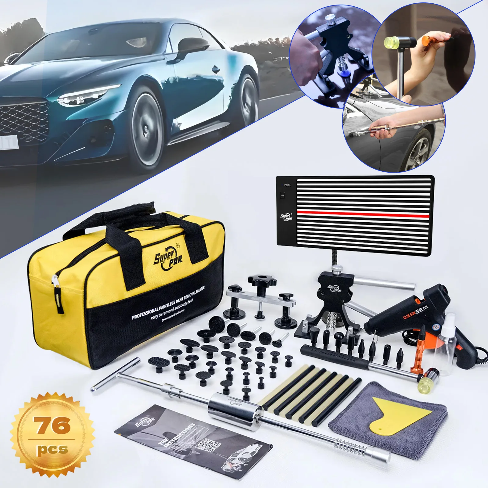 

Super PDR Tool Kit, Professional Paintless Dent Repair Kit,Complete Auto Body Hail Dent Removal Tools with Glue Gun PDR Light