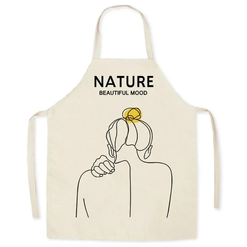 White Background Girl Dustproof Linen Apron for Women Floral Kitchen Apron Work Waiter Milk Tea Apron Cooking Accessories