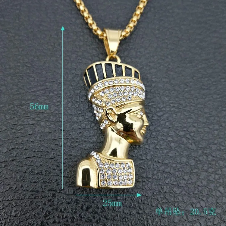 Hip hop New Iced Out Egyptian Pharaoh Pendant 316L Stainless Steel Bling Rhinestone Men\'s Women Pendant Necklace Punk Jewelry