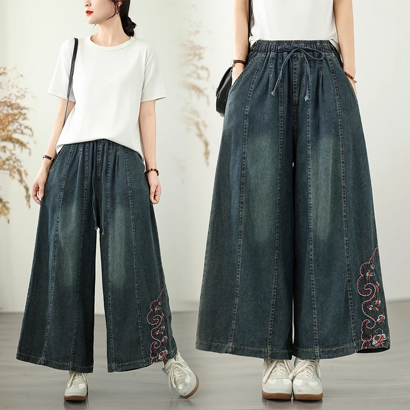 Celana Jeans Denim Wanita Model Kaki Lebar Bordir Musim Panas, Pinggang Elastis, Longgar, Efek Langsing, Vintage, Warna Pudar, Kasual, Panjang Sembilan Perempat