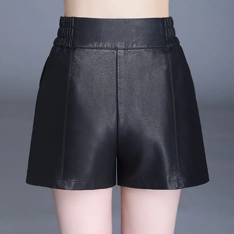 Shorts de couro PU com zíper para mulheres, ajuste solto, outerwear feminino casual, saque sexy, moda bonito, senhora do escritório, t787