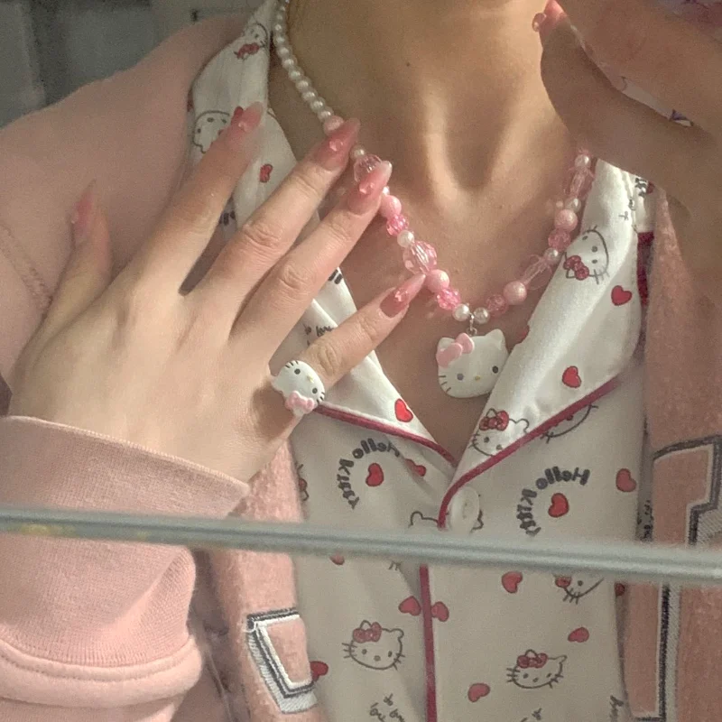 Y2K Hello Kittile Anime Collier pour Enfants, Bracelet Perlé Coloré, Bague pour Enfants, Bijoux de ix, Épingle à Cheveux Princesse Fille, Cadeau d'Anniversaire