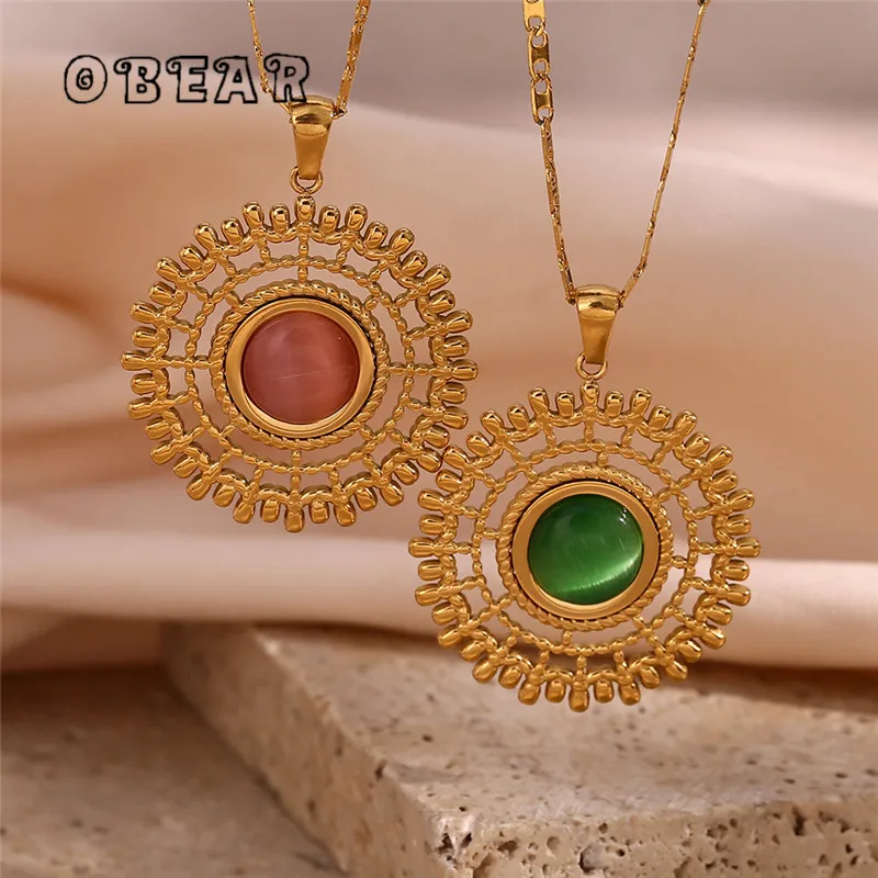 New Stainless Steel Peacock Open Screen Natural Stone Pendant Necklace for Women Trendy Collar Golden Charm Jewelry Gift