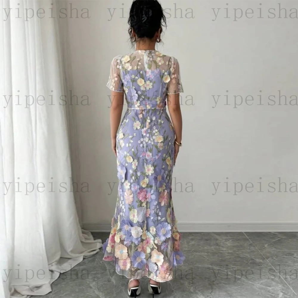 فساتين سهرة ميدي برقبة عالية مخصصة بأكمام قصيرة ثلاثية الأبعاد مزينة بالدانتيل بطول الشاي حورية البحر فستان حفلات رسمي فستان حفلات حديث