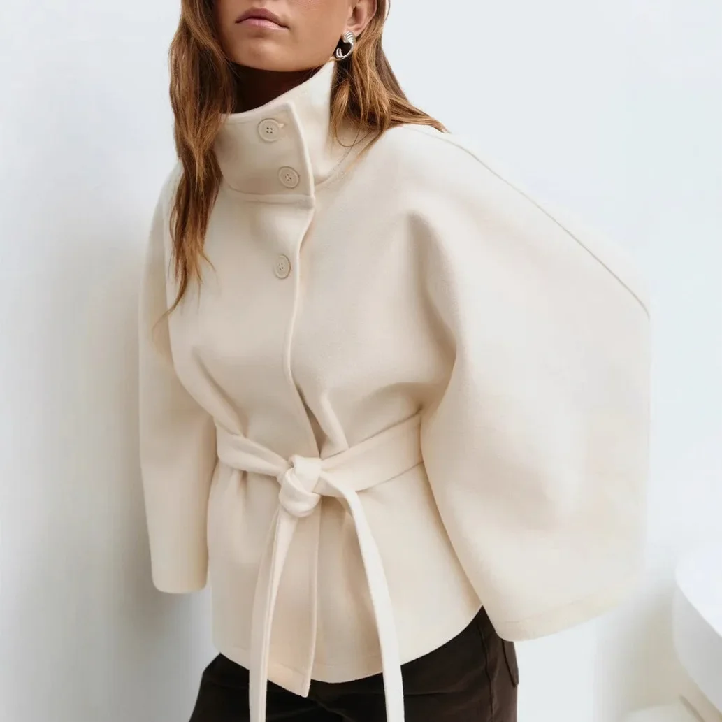 Women's Fashion Solid Color Stand Collar Cape Trench Coat Belted Button Loose Slim Fit Versatile Office Commute Warm Outerwear
