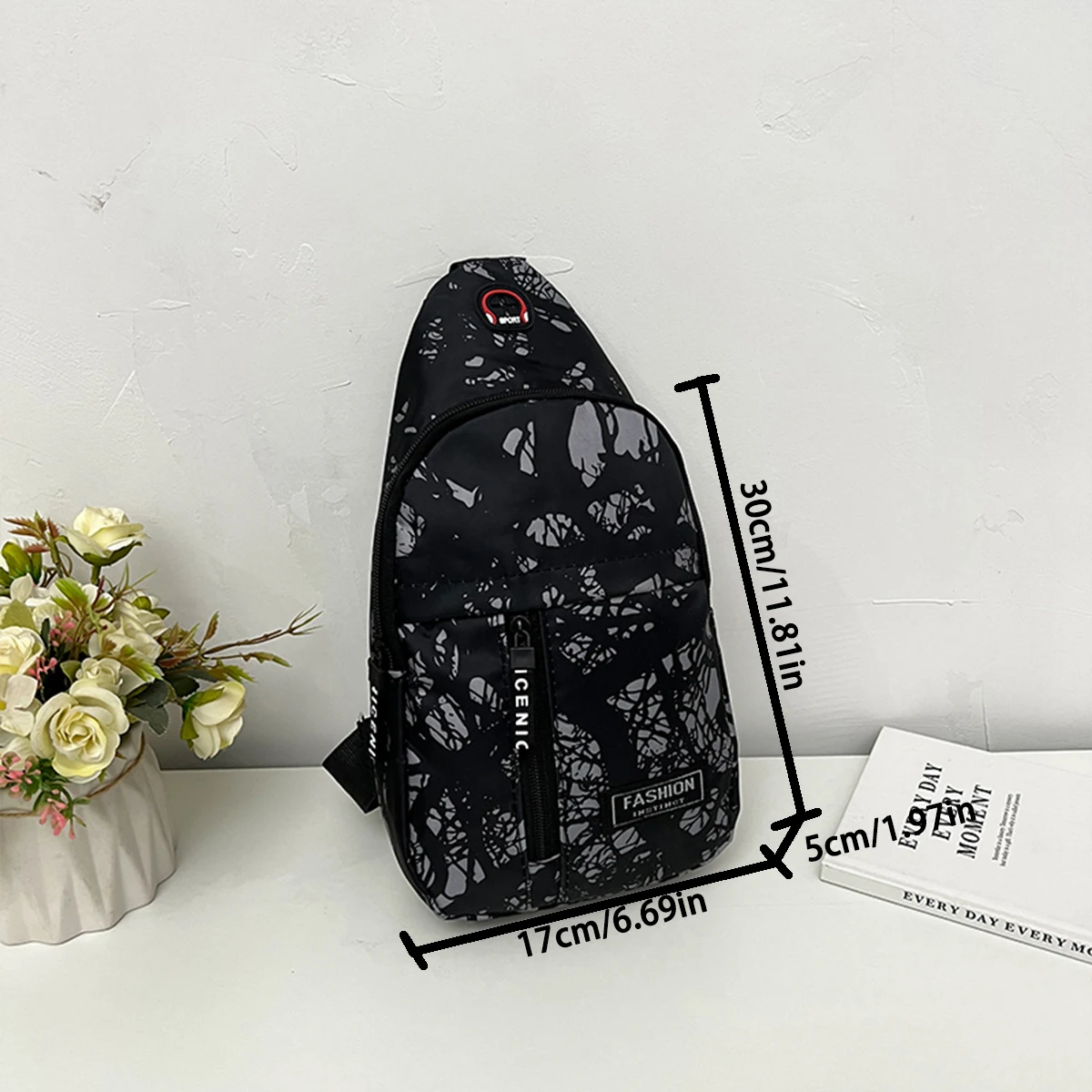 Trendy Leaf Print Chest Pack Lightweight Multiple Compartments Crossbody Bag Headphone Port Adjustable Strap Waist Bag For Daily