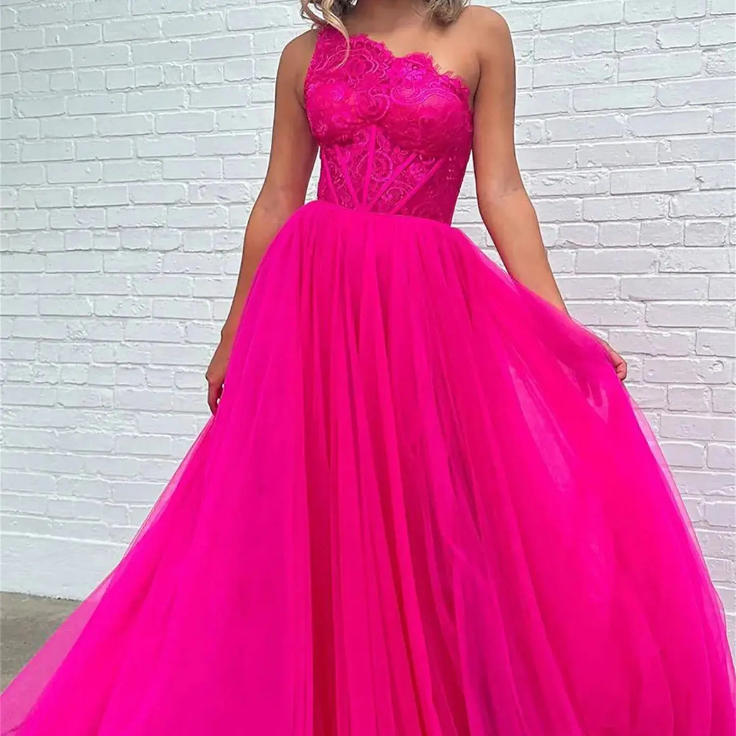 

Aileen A-line Lace Rose Red One Shoulder Wedding Party Dresses for Formal Occasions Luxury Robe De Soiree Femmes Evening Prom