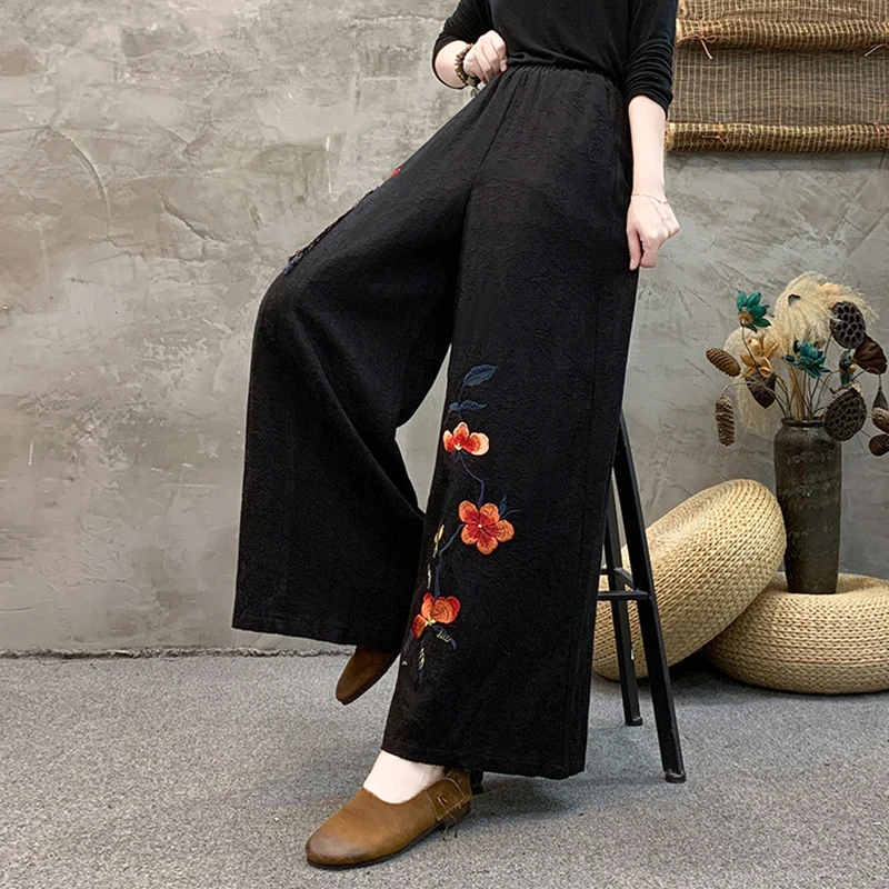 Retro Ethnic Style Embroidery Women Casual Cotton And Linen Wide-leg Pants Spring Lady Elegant Lace-up High Waist Trousers