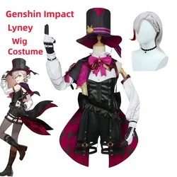 Lyney Anime Cosplay Traje com Peruca e Chapéu, Uniforme de Couro Mágico, Vestido Cabelo Curto, Saia e Luva, Roupa para Mágico