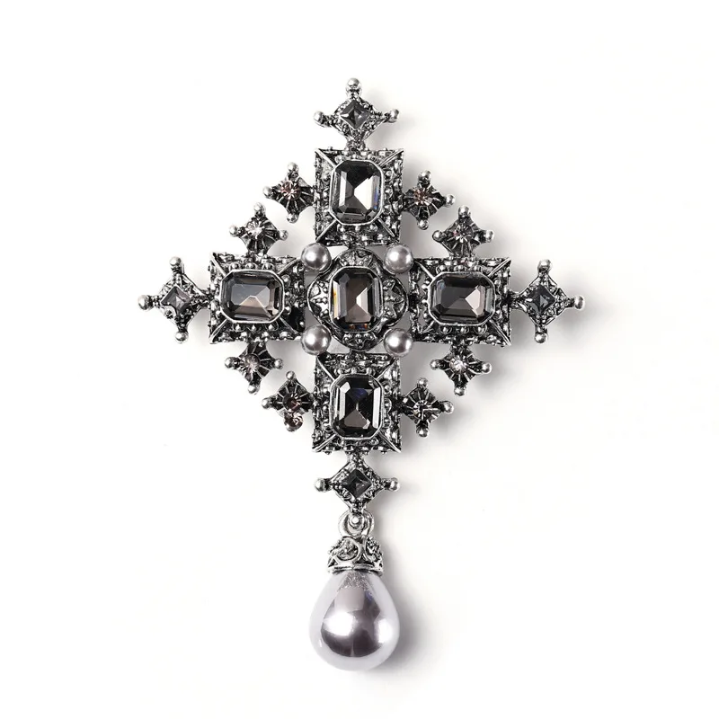 New Baroque Rhinestone Brooch  For Women Retro Metal Cross Pearl Temperament Coat Collar Pin Corsage Party Jewelry Accessories