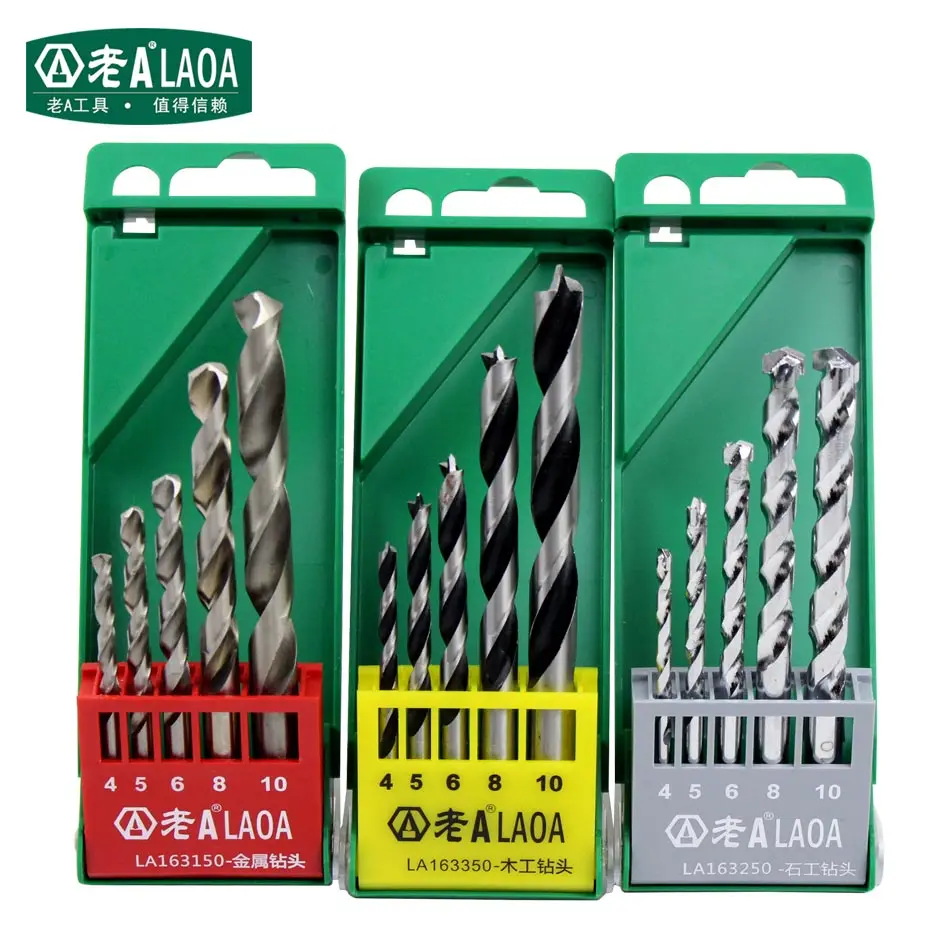 LAOA New Arrival Auger bit Sets Metal drill/Wood drill/ Cement drill Size 4mm/5mm/6mm//8mm/10mm Bits