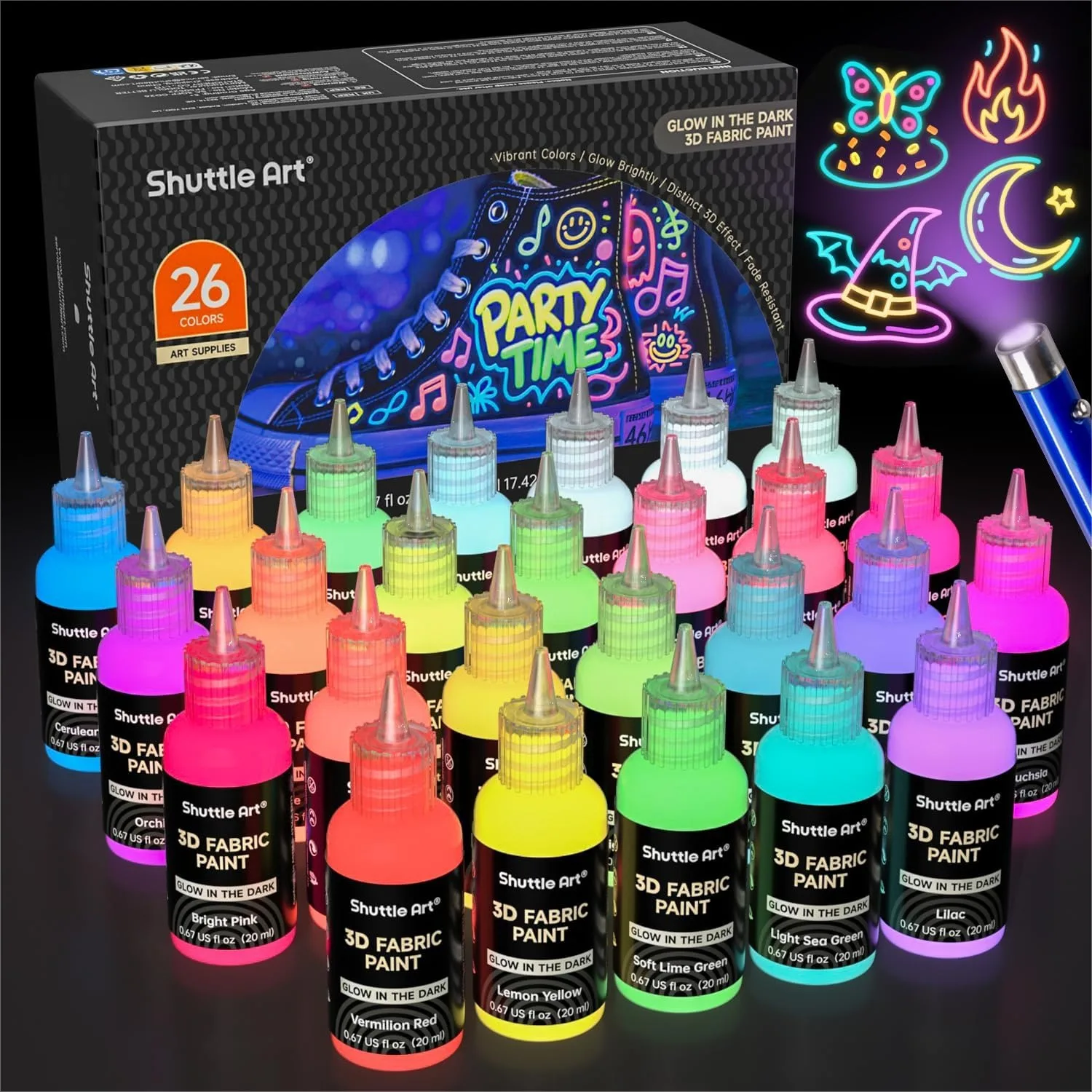 

Glow In The Dark Fabric Paint 26 Colors 3D Paint Set With Mini UV Light And 3 Brushes For T-Shirts Shoes Bags DIY Halloween Decorations